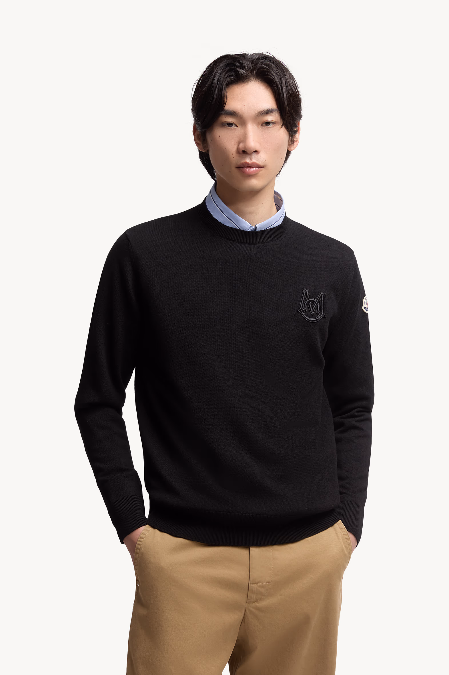 Pull en coton à monogramme brodé Hommes Noir Moncler 3